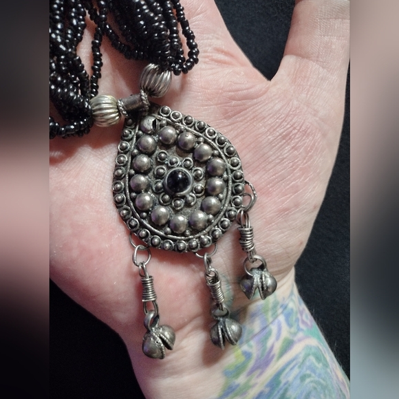 Black Beaded Necklace with Silver Pendant - Picture 7 of 9